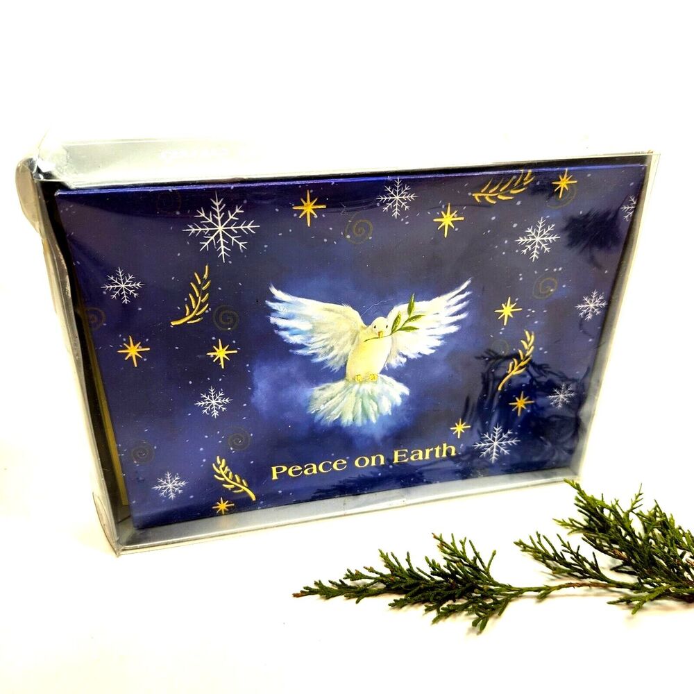 Vintage Kmart Christmas Cards 16 Boxed Peace On Earth Dove Snowflakes Gold Foil